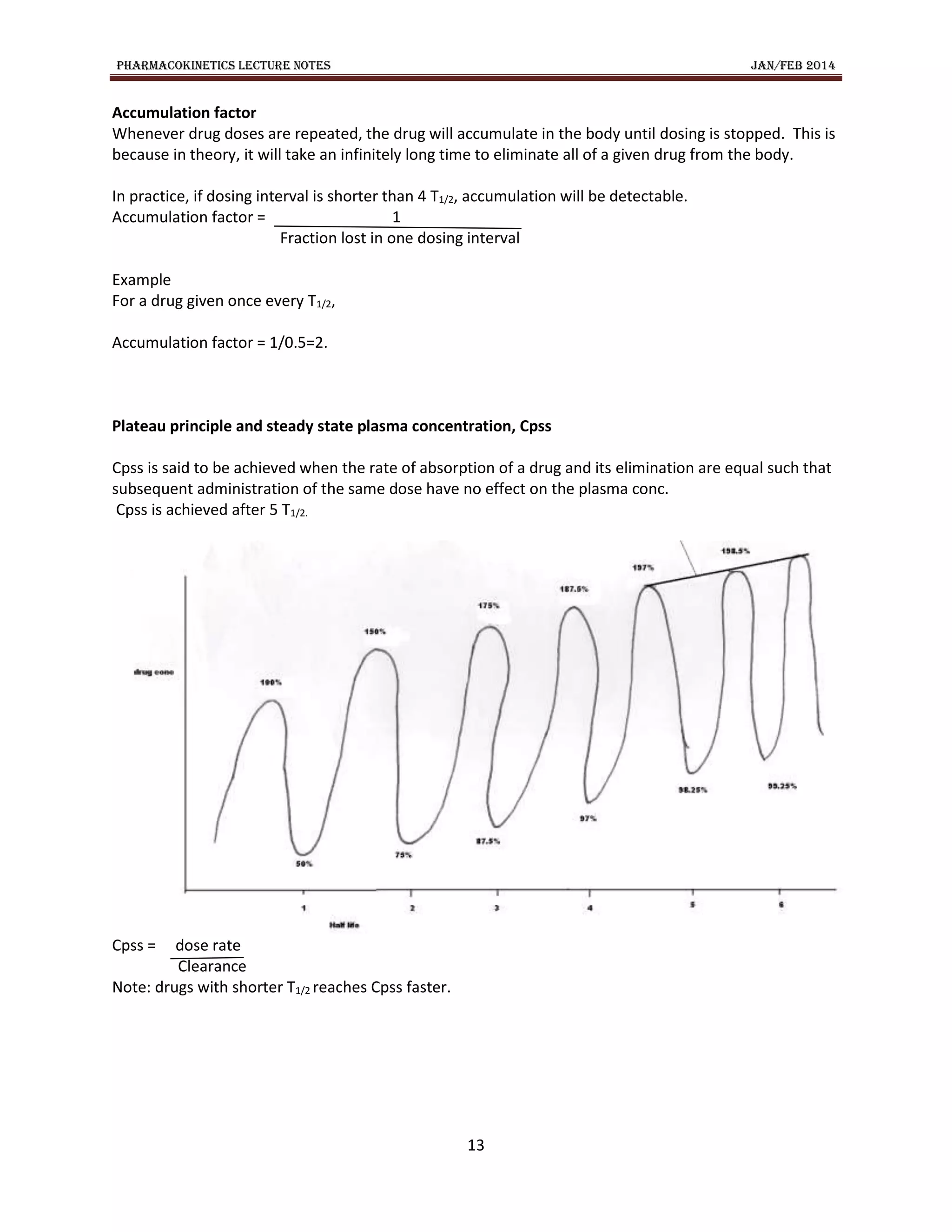 PHARMACOKINETICS LECTURE NOTES JAN/FEB 2014
13
Accumulation factor
Whenever drug doses are repeated, the drug will accumulate in the body until dosing is stopped. This is
because in theory, it will take an infinitely long time to eliminate all of a given drug from the body.
In practice, if dosing interval is shorter than 4 T1/2, accumulation will be detectable.
Accumulation factor = 1
Fraction lost in one dosing interval
Example
For a drug given once every T1/2,
Accumulation factor = 1/0.5=2.
Plateau principle and steady state plasma concentration, Cpss
Cpss is said to be achieved when the rate of absorption of a drug and its elimination are equal such that
subsequent administration of the same dose have no effect on the plasma conc.
Cpss is achieved after 5 T1/2.
Cpss = dose rate
Clearance
Note: drugs with shorter T1/2 reaches Cpss faster.
 