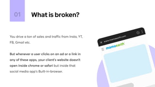 What is broken?
01
You drive a ton of sales and traffic from Insta, YT,
FB, Gmail etc. 


But whenever a user clicks on an ad or a link in
any of these apps, your client’s website doesn’t
open inside chrome or safari but inside that

social media app's Built-in-browser.
 