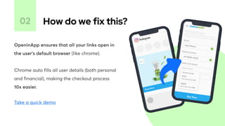 How do we fix this?
02
OpeninApp ensures that all your links open in
the user’s default browser (like chrome).


Chrome auto fills all user details (both personal
and financial), making the checkout process

10x easier.
Take a quick demo
 