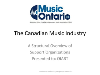 The Canadian Music Industry
A Structural Overview of
Support Organizations
Presented to: OIART
www.music-ontario.ca | info@music-ontario.ca
 