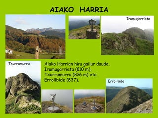 AIAKO  HARRIA Aiako Harrian hiru gailur daude. Irumugarrieta (810 m), Txurrumurru (826 m) eta Erroilbide (837). Txurrumurru Irumugarrieta Erroilbide 