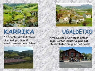 UGALDETXO KARRIKA Altzibartik Artikutzarako bidean dago, Bianditz mendatera igo baino lehen. Arragua eta Iturriotzen artean dago. Bertan industria gune bat eta merkataritza gune bat daude.. 
