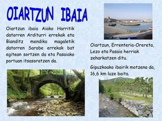 Oiartzun ibaia Aiako Harritik datorren Arditurri errekak eta Bianditz mendiko magaletik datorren Sarobe errekak bat egitean sortzen da eta Pasaiako portuan itsasoratzen da. Oiartzun, Errenteria-Orereta, Lezo eta Pasaia herriak zeharkatzen ditu. Gipuzkoako ibairik motzena da, 16,6 km luze baita. OIARTZUN  IBAIA 