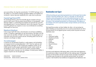 PROJECTEN IN OPDRACHT VAN GEMEENTE OOSTERHOUT
percussieworkshop. Een dag later presenteerden 110 5VWO leerlingen zich in
de middag na in de ochtend workshops gevolgd te hebben op het gebied van
architectuur, interieur decoratie, beeldende kunst, mode, dans en percussie.
Freemde Fogel Festival (FFF)
Dit meerdaagse festival in Den Hout had elke dag een activiteit op het pro-
gramma staan waarin OiB een grotere danwel kleinere rol had gespeeld. 1100
leerlingen hebben in voorbereiding bijvoorbeeld werk gemaakt dat op het FFF
tentoongesteld werd. Er was een theatertocht, dans en een expositie. Ook werd
er een film gedraaid voor jongeren en was er voor de kleintjes de voorstelling
Geluksvogel van Irene Laros.
Bijeenkomst Moodroom
In het voorjaar heeft OiB Cultuur cultuurdocenten van de diverse middelbare
scholen in Oosterhout uitgenodigd voor een kennismaking. Niet alleen met OiB,
maar vooral ook met elkaar. Dit heeft in het najaar een vervolg gekregen en er
ontstonden mooie discussies waarbij ook een uitwisseling plaats vond van les-
materiaal, aanvullingen en ideeën.
Vuurwerkcampagne
In opdracht van de gemeente Oosterhout is verder gegaan met het betrekken
van jongeren bij de vuurwerkproblematiek. In 2011 was hier reeds een start
mee gemaakt. Leerlingen van alle Oosterhoutse middelbare scholen zijn be-
trokken geraakt waarbij jongeren geattendeerd zouden moeten worden op
vernielingen en rotzooi. Na de inzet van een grafisch ontwerper hebben
jongeren zelf posters ontworpen voor de campagne. De beste posters hebben in
muppies verspreid over de stad gehangen.
OPDRACHTGEVER		 GEMEENTE OOSTERHOUT
UITGEVOERD DOOR	 MIRANDA VAN BRAGT  ANNEMIEK TEKSTRA
Kennismaken met Sport
OiB bood jarenlang een gevarieerd sportaanbod aan met het project Kennismaken
met Sport. Vanaf het schooljaar 2011-2012 is in het kader van dit project een
intensieve samenwerking gezocht met de Combinatiefunctionarissen cq. Sport-
coaches. Deze samenwerking was een eerste stap naar het volledig integreren van
het project in het naschoolse sportaanbod van de Sportcoaches. Met ingang van
het schooljaar 2012-2013 staat Kennismaken met Sport derhalve ook niet meer op
het programma.
Wat betreft Kennismaken met Sport hebben de cijfers in dit jaarverslag dus
alleen betrekking op de periode januari tot en met de zomervakantie van 2012.
Het ging daarbij om de volgende sporten waarbij achter de sporten het aantal
deelnemers staat.
•	 Tennis 			39
•	 Zwemmend redden 	 7
•	 Streetdance/Zumba 	 10
•	 Kidzbudo 		 	 1
•	 Karate 	 	 	 2
•	 Kickboksen 	 	 4
•	 Musical  Dance 	 	 12
•	 Golf 			6
•	 Honkbal 			3
•	 Korfbal 	 	 	 2
Het totaal aantal deelnemers blijft daarbij steken op 86 (uniek aantal deelnemers
81) waarbij tennis alleen al zowat de helft voor haar rekening neemt. Dit bevestigt
de keuze om Kennismaken met Sport als apart project niet langer te handhaven.
De overlap tussen dit project en de naschoolse sportactiviteiten van de Sport-
coaches in heel Oosterhout laat duidelijk een teruglopend aantal deelnemers zien.
OosterhoutinBeweging(OiB)Verkortjaarverslag2012
11
 