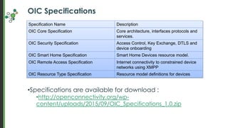 OIC Specifications
•Specifications are available for download :
•http://openconnectivity.org/wp-
content/uploads/2015/09/O...