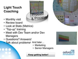 Light Touch
Coaching

• Monthly visit
• Review board
• Look at Stats (Metrics)
• “Top-up” training
• Meet with Dev Team and/or Dev
  Managers
• Questions? Answers!
• Talk about problems• And later…
                       • Marketing
                       • Senior Managers

                   Keep getting better!
 