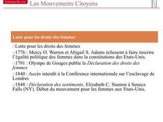 Les Mouvements Citoyens


16



     Lutte pour les droits des femmes

      Lutte pour les droits des femmes
     1776 : Mercy O. Warren et Abigail S. Adams échouent à faire inscrire
     l’égalité politique des femmes dans la constitutions des Etats-Unis.
     1791 : Olympe de Gouges publie la Déclaration des droits des
     femmes
     1840 : Accès interdit à la Conférence internationale sur l’esclavage de
     Londres
     1848 : Déclaration des sentiments, Elizabeth C. Stanton à Seneca
     Falls (NY). Début du mouvement pour les femmes aux Etats-Unis.
 