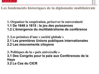 Les fondements historiques de la diplomatie multilatérale
17



     1. Organiser la coopération, préserver la souveraineté
     1.1 De 1648 à 1815 : le jeu des puissances
     1.2 L’émergence du multilatéralisme de conférence

     2. Les prémices d’une « société globale »
     2.1 Les premières Unions publiques internationales
     2.2 Les mouvements citoyens

     3. Politiques de la « paix universelle »
     3.1 Des Congrès pour la paix aux Conférences de la
     Haye
     3.2 Le Cas du CICR
 
