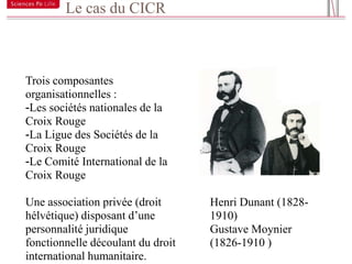 Le cas du CICR

20



     Trois composantes
     organisationnelles :
     -Les sociétés nationales de la
     Croix Rouge
     -La Ligue des Sociétés de la
     Croix Rouge
     -Le Comité International de la
     Croix Rouge

     Une association privée (droit      Henri Dunant (1828-
     hélvétique) disposant d’une        1910)
     personnalité juridique             Gustave Moynier
     fonctionnelle découlant du droit   (1826-1910 )
     international humanitaire.
 