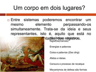 Um corpo em dois lugares?
 Entre sistemas poderemos encontrar um
mesmo elemento perpassando-os
simultaneamente. Trata-se da ideia e seus
representantes, isto é, aquilo que está no
lugar de (re-apresentação) dos registros.Bloco Mágico – Memória e
registros(marcas)
Energias e palavras
Coisa e palavras (Das ding)
Afetos e ideias
Censura e processo de recalque
Mecanismos de defesa são formas
 