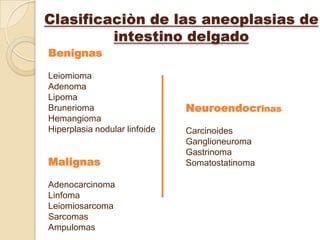 Clasificaciòn de las aneoplasias de
         intestino delgado
Benignas

Leiomioma
Adenoma
Lipoma
Brunerioma                     Neuroendocrinas
Hemangioma
Hiperplasia nodular linfoide   Carcinoides
                               Ganglioneuroma
                               Gastrinoma
Malignas                       Somatostatinoma

Adenocarcinoma
Linfoma
Leiomiosarcoma
Sarcomas
Ampulomas
 