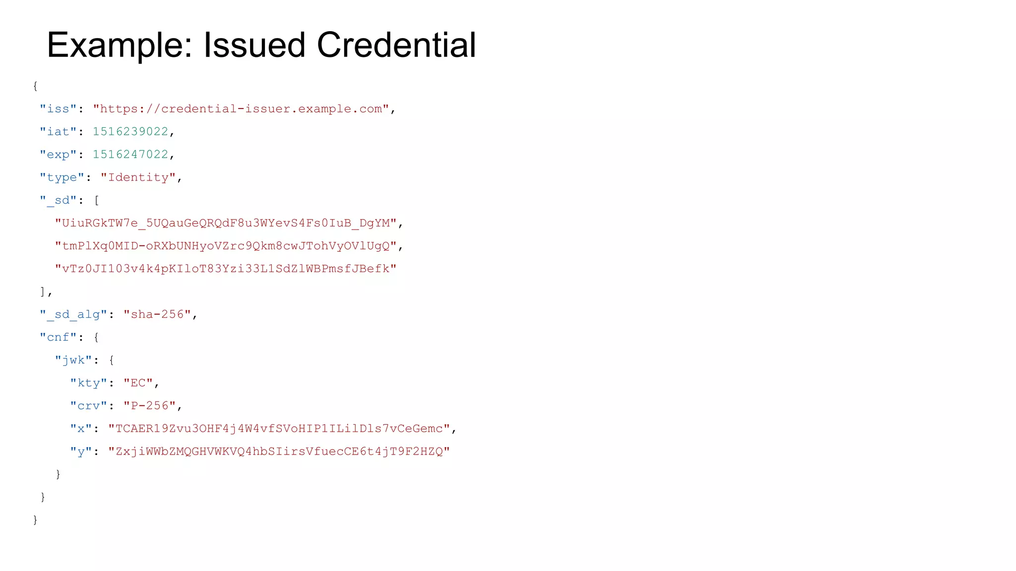 Example: Issued Credential
{
"iss": "https://credential-issuer.example.com",
"iat": 1516239022,
"exp": 1516247022,
"type": "Identity",
"_sd": [
"UiuRGkTW7e_5UQauGeQRQdF8u3WYevS4Fs0IuB_DgYM",
"tmPlXq0MID-oRXbUNHyoVZrc9Qkm8cwJTohVyOVlUgQ",
"vTz0JI103v4k4pKIloT83Yzi33L1SdZlWBPmsfJBefk"
],
"_sd_alg": "sha-256",
"cnf": {
"jwk": {
"kty": "EC",
"crv": "P-256",
"x": "TCAER19Zvu3OHF4j4W4vfSVoHIP1ILilDls7vCeGemc",
"y": "ZxjiWWbZMQGHVWKVQ4hbSIirsVfuecCE6t4jT9F2HZQ"
}
}
}
 