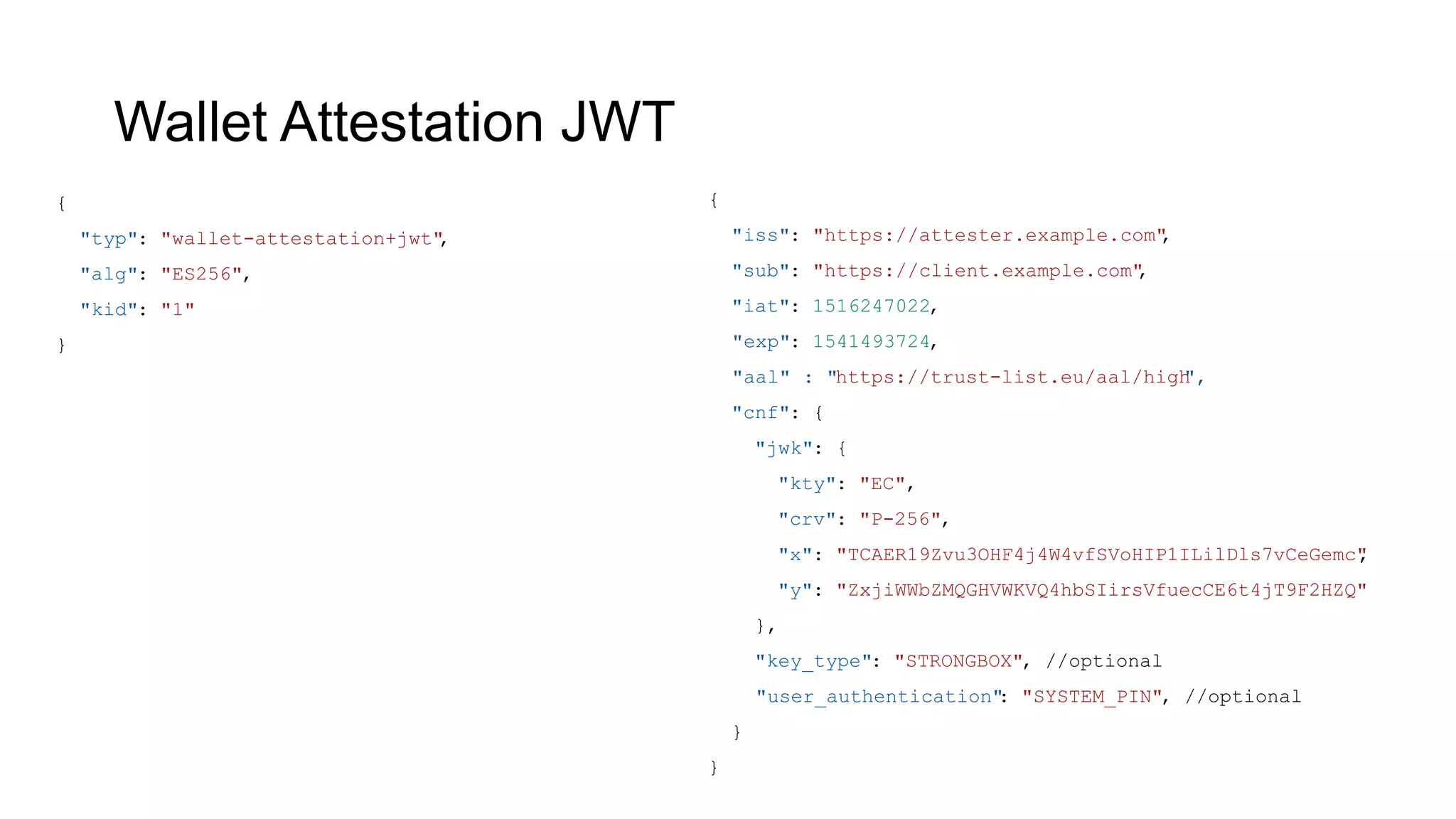 Wallet Attestation JWT
{
"iss": "https://attester.example.com"
,
"sub": "https://client.example.com"
,
"iat": 1516247022,
"exp": 1541493724,
"aal" : "https://trust-list.eu/aal/high
",
"cnf": {
"jwk": {
"kty": "EC",
"crv": "P-256",
"x": "TCAER19Zvu3OHF4j4W4vfSVoHIP1ILilDls7vCeGemc"
,
"y": "ZxjiWWbZMQGHVWKVQ4hbSIirsVfuecCE6t4jT9F2HZQ"
},
"key_type": "STRONGBOX", //optional
"user_authentication"
: "SYSTEM_PIN", //optional
}
}
{
"typ": "wallet-attestation+jwt"
,
"alg": "ES256",
"kid": "1"
}
 