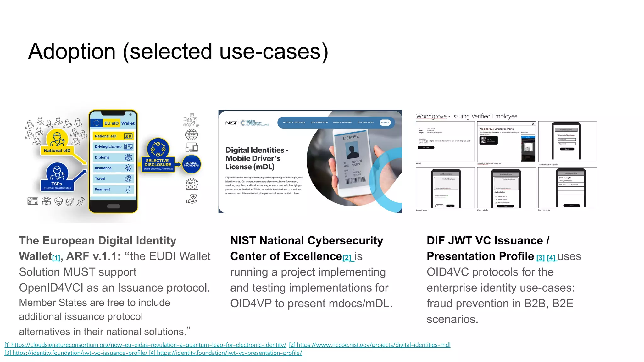 Adoption (selected use-cases)
The European Digital Identity
Wallet[1], ARF v.1.1: “the EUDI Wallet
Solution MUST support
OpenID4VCI as an Issuance protocol.
Member States are free to include
additional issuance protocol
alternatives in their national solutions.”
NIST National Cybersecurity
Center of Excellence[2] is
running a project implementing
and testing implementations for
OID4VP to present mdocs/mDL.
DIF JWT VC Issuance /
Presentation Profile [3] [4] uses
OID4VC protocols for the
enterprise identity use-cases:
fraud prevention in B2B, B2E
scenarios.
[1] https://cloudsignatureconsortium.org/new-eu-eidas-regulation-a-quantum-leap-for-electronic-identity/ [2] https://www.nccoe.nist.gov/projects/digital-identities-mdl
[3] https://identity.foundation/jwt-vc-issuance-proﬁle/ [4] https://identity.foundation/jwt-vc-presentation-proﬁle/
 