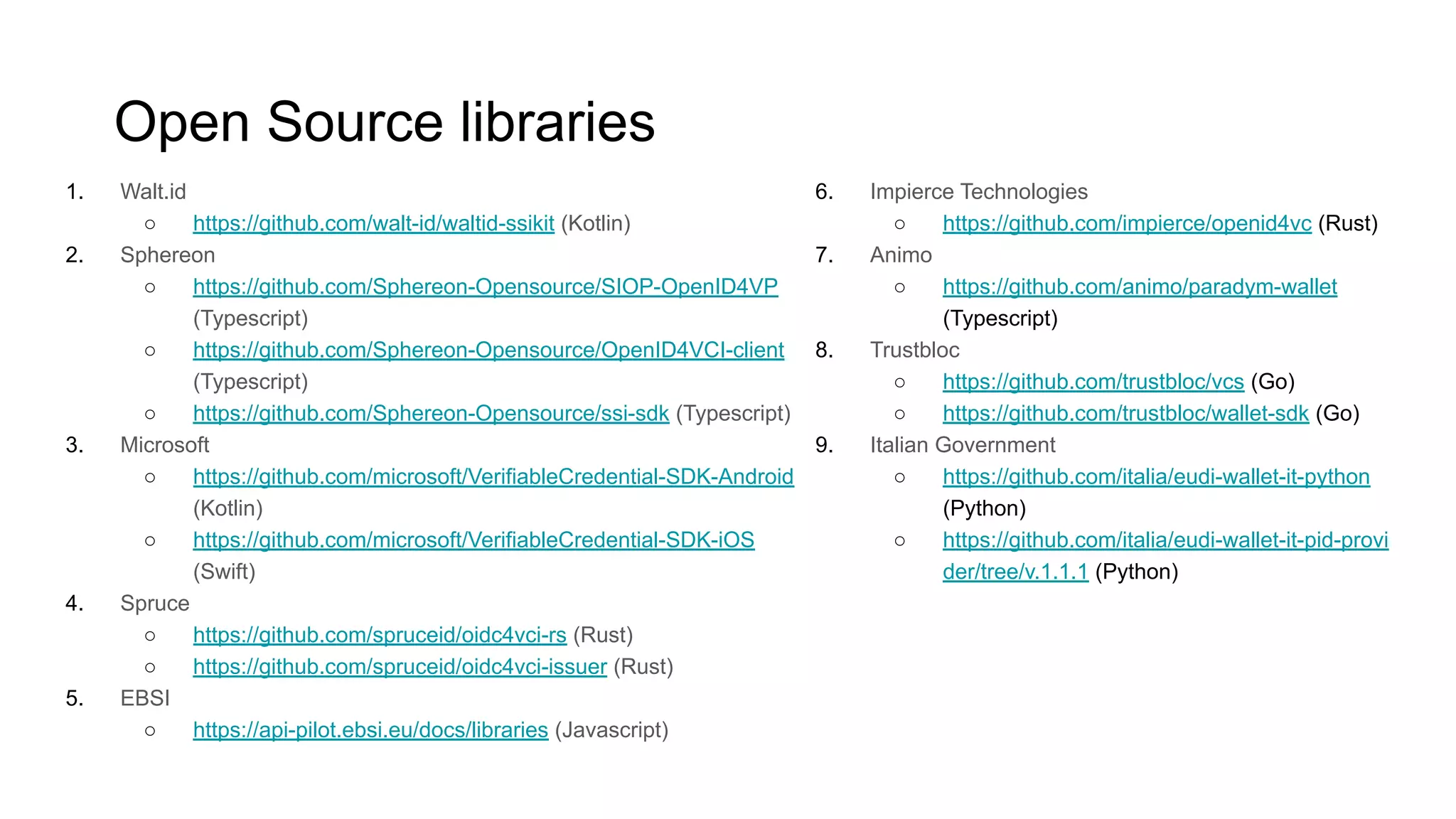 1. Walt.id
○ https://github.com/walt-id/waltid-ssikit (Kotlin)
2. Sphereon
○ https://github.com/Sphereon-Opensource/SIOP-OpenID4VP
(Typescript)
○ https://github.com/Sphereon-Opensource/OpenID4VCI-client
(Typescript)
○ https://github.com/Sphereon-Opensource/ssi-sdk (Typescript)
3. Microsoft
○ https://github.com/microsoft/VerifiableCredential-SDK-Android
(Kotlin)
○ https://github.com/microsoft/VerifiableCredential-SDK-iOS
(Swift)
4. Spruce
○ https://github.com/spruceid/oidc4vci-rs (Rust)
○ https://github.com/spruceid/oidc4vci-issuer (Rust)
5. EBSI
○ https://api-pilot.ebsi.eu/docs/libraries (Javascript)
Open Source libraries
6. Impierce Technologies
○ https://github.com/impierce/openid4vc (Rust)
7. Animo
○ https://github.com/animo/paradym-wallet
(Typescript)
8. Trustbloc
○ https://github.com/trustbloc/vcs (Go)
○ https://github.com/trustbloc/wallet-sdk (Go)
9. Italian Government
○ https://github.com/italia/eudi-wallet-it-python
(Python)
○ https://github.com/italia/eudi-wallet-it-pid-provi
der/tree/v.1.1.1 (Python)
 