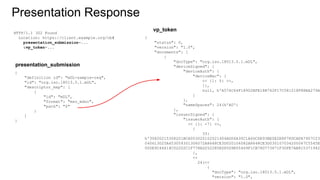 Presentation Response
{
"definition_id": "mDL-sample-req",
"id": "org.iso.18013.5.1.mDL",
"descriptor_map": [
{
"id": "mDL",
"format": "mso_mdoc",
"path": "$"
}
]
}
presentation_submission
vp_token
HTTP/1.1 302 Found
Location: https://client.example.org/cb#
presentation_submission=...
&vp_token=...
{
"status": 0,
"version": "1.0",
"documents": [
{
"docType": "org.iso.18013.5.1.mDL",
"deviceSigned": {
"deviceAuth": {
"deviceMac": [
<< {1: 5} >>,
{},
null, h'A574C64F18902BFE18B742F17C581218F88EA279AA
]
},
"nameSpaces": 24(h'A0')
},
"issuerSigned": {
"issuerAuth": [
<< {1: -7} >>,
{
33:
h'30820215308201BCA003020102021404AD06A30C1A6DC6E93BE0E2E8F78DCAFA7907C230
040613025A453059301306072A8648CE3D020106082A8648CE3D030107034200047C5545E9
000E9C46618C02202C1F778AD252285ED05D9B55469F1CB78D773671F30FE7AB8153719423
},
<<
24(<<
{
"docType": "org.iso.18013.5.1.mDL",
"version": "1.0",
 