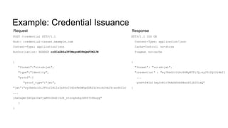 Example: Credential Issuance
HTTP/1.1 200 OK
Content-Type: application/json
Cache-Control: no-store
Pragma: no-cache
{
"format": "vc+sd-jwt",
"credential" : "eyJhbGciOiAiRVMyNTYifQ.eyJfc2QiOiBbIl
...
gImVtYWlsIiwgInRlc3RAZXhhbXBsZS5jb20iXQ"
}
POST /credential HTTP/1.1
Host: credential-issuer.example.com
Content-Type: application/json
Authorization: BEARER czZCaGRSa3F0MzpnWDFmQmF0M2JW
{
"format":"vc+sd-jwt",
"type":"Identity",
"proof":{
"proof_type":"jwt",
"jwt":"eyJhbGciOiJFUzI1NiIsInR5cCI6Im9wZW5pZDR2Y2ktcHJvb2Yrand0Iiw
...
jhe0xQmfIBCQz20xVjaM91ODdIt5JX_ztrcq4nkglH907Ofbugg"
}
}
Request Response
 