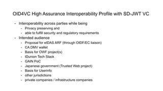 OID4VC High Assurance Interoperability Profile with SD-JWT VC
- Interoperability across parties while being
- Privacy preserving and
- able to fulfill security and regulatory requirements
- Intended audience
- Proposal for eIDAS ARF (through OIDF/EC liaison)
- CA DMV wallet
- Basis for OWF project(s)
- IDunion Tech Stack
- GAIN PoC
- Japanese government (Trusted Web project)
- Basis for Userinfo
- other jurisdictions
- private companies / infrastructure companies
 