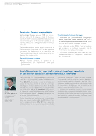 Baromètre de la Performance ÉnergÉtique et environnementale
des Bâtiments tertiaires / 2012




                         typologie « Bureaux années 2005 »
                         La typologie bureaux années 2005 est compo-             variation des indicateurs et analyse
                         sée de bâtiments à usage principal de bureaux,          • L’indicateur de Consommation énergétique
                         construits à la fin des années 2000 (dépôt de permis      Réelle, avec une valeur inférieure de 10% à
                         de construire après le 1er septembre 2006), et par        la valeur moyenne de la famille bureaux, est le
                         conséquent soumis à la réglementation thermique           plus bas de toutes les typologies étudiées
                         de 2005.
                                                                                 • Avec celle des années 2000, c’est la typologie
                         cette réglementation tire les enseignements de la         qui enregistre la meilleure évaluation de la
                         réglementation thermique 2000 sur les questions           Performance Énergétique intrinsèque
                         de gestion des équipements et se caractérise par
                         l’augmentation du niveau de performance de l’enve-      • On constate également les niveaux les plus bas
                         loppe et des équipements.                                 pour les indicateurs de changement climatique et
                                                                                   de coût financier
                         Caractéristiques principales
                         • D’une manière générale, la gestion et la
                           programmation des équipements sont plus
                           performantes



                         Les bâtiments neufs : une performance intrinsèque excellente
                         et des enjeux sociaux et environnementaux innovants
                         la société de la tour eiffel développe son patrimoine   chantier fait notamment l’objet d’un bilan carbone,
                         dans un fort souci de responsabilité et de pérennité.   d’un contrôle continu du respect des engagements
                         ainsi Eiffel O², le dernier né de la foncière, en       sociaux des entreprises intervenant sur site. enfin,
                         cours de développement et situé à montrouge             l’utilisateur sera accompagné dans la prise en main
                         développera en mars 2013 une surface de 5.200           et l’exploitation du bâtiment par un système de
                         m² de bureaux. il fait l’objet d’une double démarche    capteurs communicant en temps réel.
                         de certification bbC® et bREEAm «very good»             la société de la tour eiffel s’implique ainsi dans le
Nicolas                  et constitue aussi l’un des premiers immeubles en       contrôle et le suivi des consommations de ses actifs,
de SAINt-MAUrICe         france à obtenir le label Oxygen®, développé par        démarche qui rencontre une demande grandissante
directeur des montages
et développements,
                         le groupe vinci construction.                           des utilisateurs, désireux de mieux connaitre, suivre
tour eiffel
                         outre d’excellentes performances énergétiques           et maîtriser leurs consommations.
asset management,
groupe société           avec une consommation cible de 65 kWheP/m².an
de la tour eiffel        sur les usages primaires, Eiffel O² intègre aussi des
                         critères sociaux et environnementaux innovants. le
 