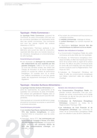 Baromètre de la Performance ÉnergÉtique et environnementale
des Bâtiments tertiaires / 2012




                         typologie « Petits Commerces »
                         La typologie Petits Commerces comprend les              • Pour autant, les commerces sont tous soumis aux
                         commerces de pieds d’immeubles (cPi) ainsi que             contraintes suivantes :
                         les commerces spécialisés (non alimentaires) situés     - la visibilité commerciale : éclairage et vitrines,
                         dans des centres commerciaux. ces commerces             - le confort thermique d’un nombre important de
                         sont pour leur grande majorité des surfaces               visiteurs,
                         inférieures à 2 500 m².                                 - la dépendance technique vis-à-vis des des
                         la réglementation thermique appliquée à ces               caractéristiques du bâtiment où ils se situent.
                         bâtiments varie suivant leur date de construction,      variation des indicateurs et analyse
                         cependant elle influe dans une moindre mesure sur
                                                                                 • La Consommation Energétique Réelle des petits
                         les indicateurs énergétiques et environnementaux
                                                                                   commerces est la plus faible des trois typologies
                         de cette typologie.
                                                                                 • L’indicateur de Performance Energétique Intrin-
                         Caractéristiques principales                              sèque est faible, en effet il est impacté par l’impor-
                         • Il est nécessaire de distinguer les commerces           tance de la surface vitrée au regard de la surface
                           dits indépendants de ceux exploités par des             de vente. Par ailleurs, les petits commerces situés
                           grandes enseignes. celles-ci ont mis au point,          en centre ville sont implantés dans des bâtiments
                           au cours des dernières années, des cahiers des          souvent construits avant la réglementation ther-
                           charges de rénovation et de bonne exploitation          mique de 1976
                           prenant en compte les critères de performance         • L’indicateur de Changement Climatique est
                           énergétique. on constate donc sur le terrain            faible. en effet, les consommations énergétiques
                           une meilleure sensibilisation et une plus grande        sont faibles, notamment celles des usages de
                           qualité des équipements techniques et de leurs          chauffage
                           régulations


                         typologie « Grandes Surfaces Alimentaires »
                         La typologie grandes surfaces Alimentaires com-         variation des indicateurs et analyse
                         prend les hypermarchés, les supermarchés et les         • La Consommation énergétique Réelle des
                         superettes hors commerces de pieds d’immeubles.           grandes surfaces alimentaires n’est pas com-
                         ces surfaces sont généralement intégrées dans un          parable aux autres consommations de la famille
                         centre commercial mais elles peuvent aussi être indé-     commerces car elle est due pour plus de 50 %
                         pendantes.                                                aux meubles frigorifiques
                         cette typologie est composée de bâtiments à usage       • L’indicateur de Performance énergétique
                         principal de commerces qui propose un assortiment         Intrinsèque correspond au niveau de la
                         à dominante alimentaire.                                  réglementation thermique 1988
                         Caractéristiques principales                            • Les indicateurs de Coût Financier et de
                         • Les meubles frigorifiques représentent jusqu’à          Changement Climatique sont conformes au
                           70% des besoins énergétiques, ce poste                  niveau de la consommation Énergétique réelle
                           important limite la comparaison avec les autres         pour une utilisation à plus de 80% d’électricité
                           typologies
                         • Cependant, depuis 2012, les commerçants ont
                           fait le choix de s’engager à fermer, d’ici 2020,
                           75% des meubles frigorifiques. cet engagement
                           devrait permettre une économie directe de
                           20% des consommations d’énergie, soit
                           200 kWheP/m².an
 