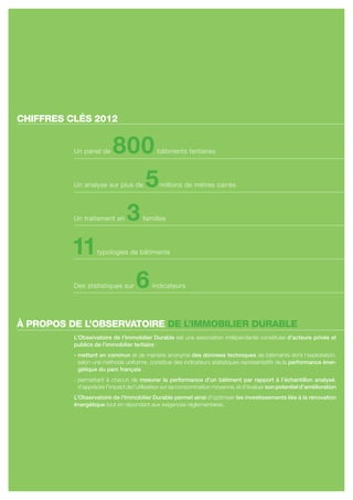 CHIFFRES CLÉS 2012


          un panel de     800               bâtiments tertiaires




                             5
          un analyse sur plus de             millions de mètres carrés




          un traitement en 3          familles




         11        typologies de bâtiments




          des statistiques sur      6     indicateurs




à PROPOS DE L’OBSERVATOIRE DE L’IMMOBILIER DURABLE
          L’Observatoire de l’Immobilier Durable est une association indépendante constituée d’acteurs privés et
          publics de l’immobilier tertiaire :
          - mettant en commun et de manière anonyme des données techniques de bâtiments dont l’exploitation,
            selon une méthode uniforme, constitue des indicateurs statistiques représentatifs de la performance éner-
            gétique du parc français
          - permettant à chacun de mesurer la performance d’un bâtiment par rapport à l’échantillon analysé,
            d’apprécier l’impact de l’utilisateur sur sa consommation moyenne, et d’évaluer son potentiel d’amélioration
          L’Observatoire de l’Immobilier Durable permet ainsi d’optimiser les investissements liés à la rénovation
          énergétique tout en répondant aux exigences réglementaires.
 