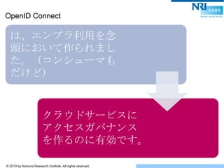 © 2013 by Nomura Research Institute. All rights reserved.
OpenID Connect
は、エンプラ利用を念
頭において作られまし
た。（コンシューマも
だけど）
クラウドサービスに
アクセスガバナンス
を作るのに有効です。
 