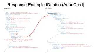 Response Example IDunion (AnonCred)
{
"aud": "https://example.com/callback ",
"sub": "9wgU5CR6PdgGmvBfgz_CqAtBxJ33ckMEwvij-gC6Bcw" ,
"auth_time" : 1638483344 ,
"iss": "https://self-issued.me/v2" ,
"sub_jwk" : {
"x": "cQ5fu5VmG…dA_5lTMGcoyQE78RrqQ6" ,
"kty": "EC",
"y": "XHpi27YMA…rnF_-f_ASULPTmUmTS" ,
"crv": "P-384"
},
"exp": 1638483944 ,
"iat": 1638483344 ,
"nonce": "67473895393019470130 ",
"_vp_token" : {
"presentation_submission" : {
"descriptor_map" : [
{
"id": "ref2",
"path": "$",
"format" : "ac_vp",
"path_nested" : {
"path":
"$.requested_proof.revealed_attr_groups.ref2",
"format" : "ac_vc"
}
}
],
"definition_id" : "NextcloudLogin" ,
"id": "NexcloudCredentialPresentationSubmission"
}
}
}
{
"proof": {...},
"requested_proof": {
"revealed_attrs" : {},
"revealed_attr_groups": {
"ref2": {
"sub_proof_index" : 0,
"values" : {
"email": {
"raw": "alice@example.com" ,
"encoded" : "115589951…83915671017846"
},
"last_name" : {
"raw": "Wonderland" ,
"encoded" : "167908493…94017654562035"
},
"first_name" : {
"raw": "Alice",
"encoded" : "270346400…99344178781507"
}
}
}
},
…
},
"identifiers" : [
{
"schema_id" : "3QowxFtwciWceMFr7WbwnM:2:BasicScheme:0.1" ,
"cred_def_id" : "CsiDLAiFkQb9N4NDJKUagd:3:CL:4687:awesome_cred" ,
"rev_reg_id" : null,
"timestamp" : null
}
]
}
ID Token VP Token
 