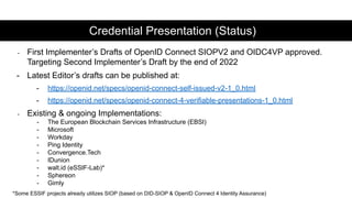 - First Implementer’s Drafts of OpenID Connect SIOPV2 and OIDC4VP approved.
Targeting Second Implementer’s Draft by the en...