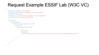 Request Example ESSIF Lab (W3C VC)
{
"response_type"
:"id_token",
"client_id":"https://example.com/callback"
,
"scope":"op...