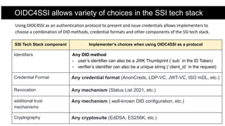 Using OIDC4SSI as an authentication protocol to present and issue credentials allows implementers to
choose a combination ...
