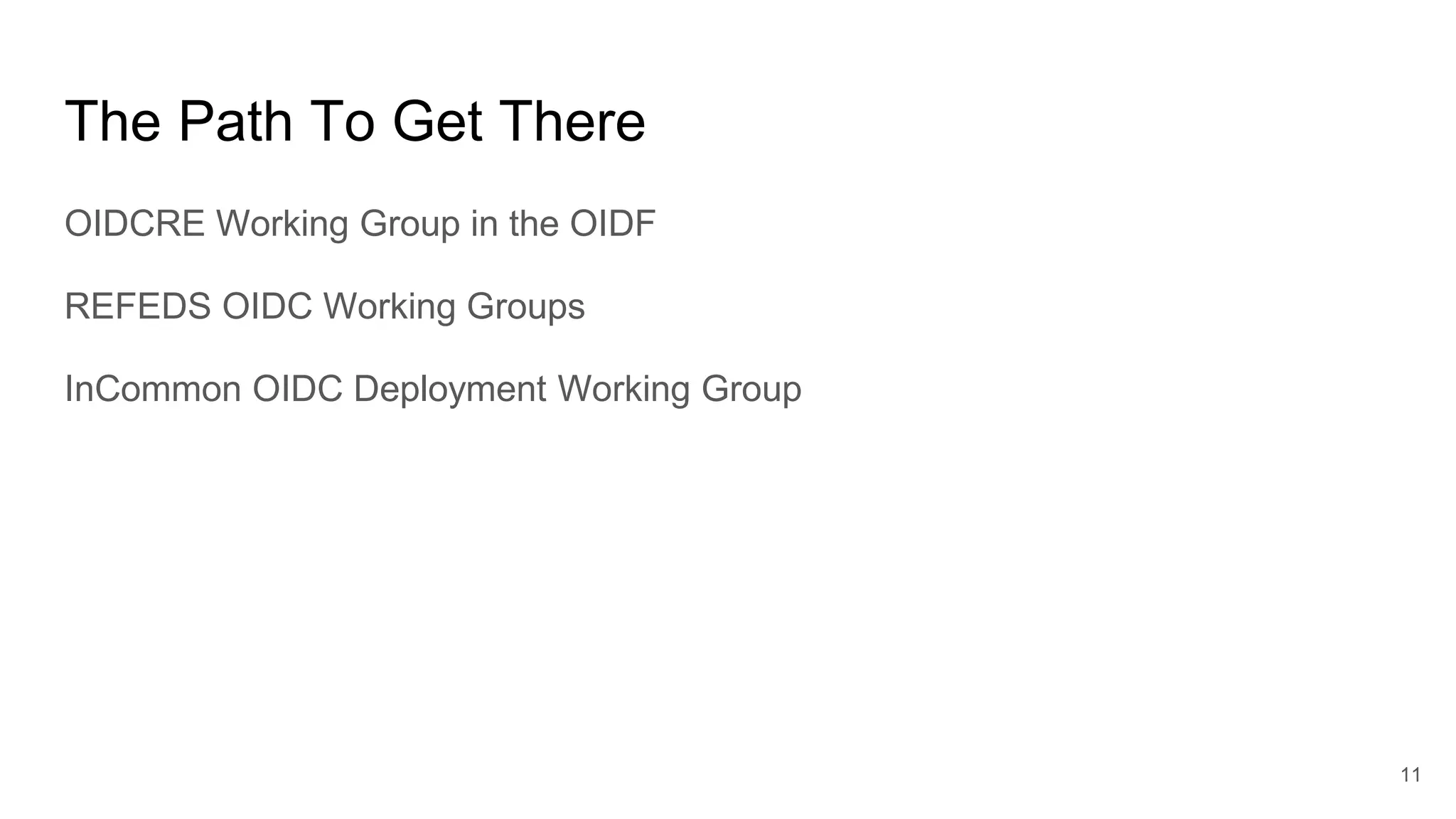 The Path To Get There
OIDCRE Working Group in the OIDF
REFEDS OIDC Working Groups
InCommon OIDC Deployment Working Group
11
 