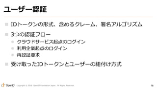 Copyright ? 2016 OpenID Foundation Japan. All Rights Reserved. 16
``J^
? IDȩ`ʽ륯`ࡢ르ꥺ
? 3ĤJ^ե`
? 饦ɥ`ӥΥ
? IΥ
? J^Ҫ
? ܤȡäIDȩ`ȥ``μ~ʽ
 