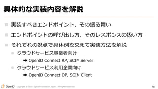 Copyright ? 2016 OpenID Foundation Japan. All Rights Reserved. 18
Ĥʌgװݤh
? gװ٤ɥݥȡ褤
? ɥݥȤκӳΥ쥹ݥ󥹤ΒQ
? 줾ҕǾ򽻤ƌgװh
? 饦ɥ`ӥI
? OpenID Connect RP, SCIM Server
? 饦ɥ`ӥI
? OpenID Connect OP, SCIM Client
 