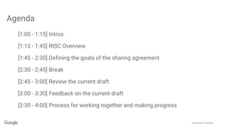 Confidential + Proprietary
Agenda
[1:00 - 1:15] Intros
[1:15 - 1:45] RISC Overview
[1:45 - 2:30] Defining the goals of the...