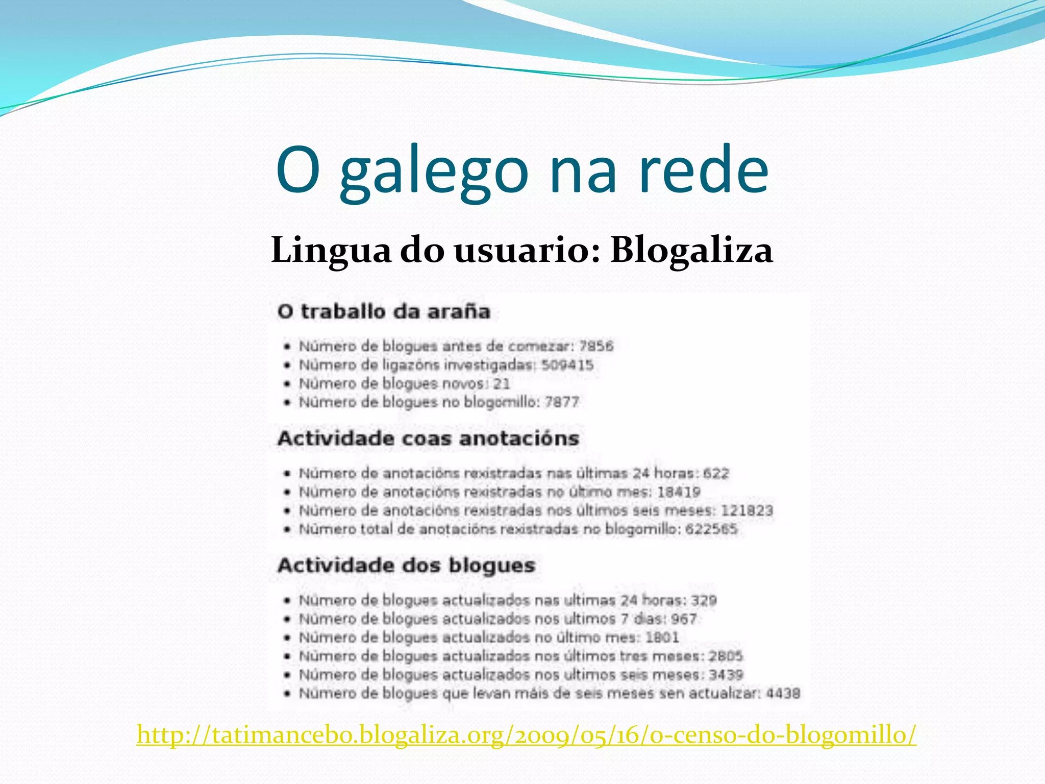 O galego na rede
                  Lingua do usuario: a web




Jordi Más (2003) http://www.softcatala.org/articles/article26.htm
X. Guinovart (2010): “O galego na sociedade da información”, en Anuario
2010, Atlántica de Información e Comunicación, Compostela.
 