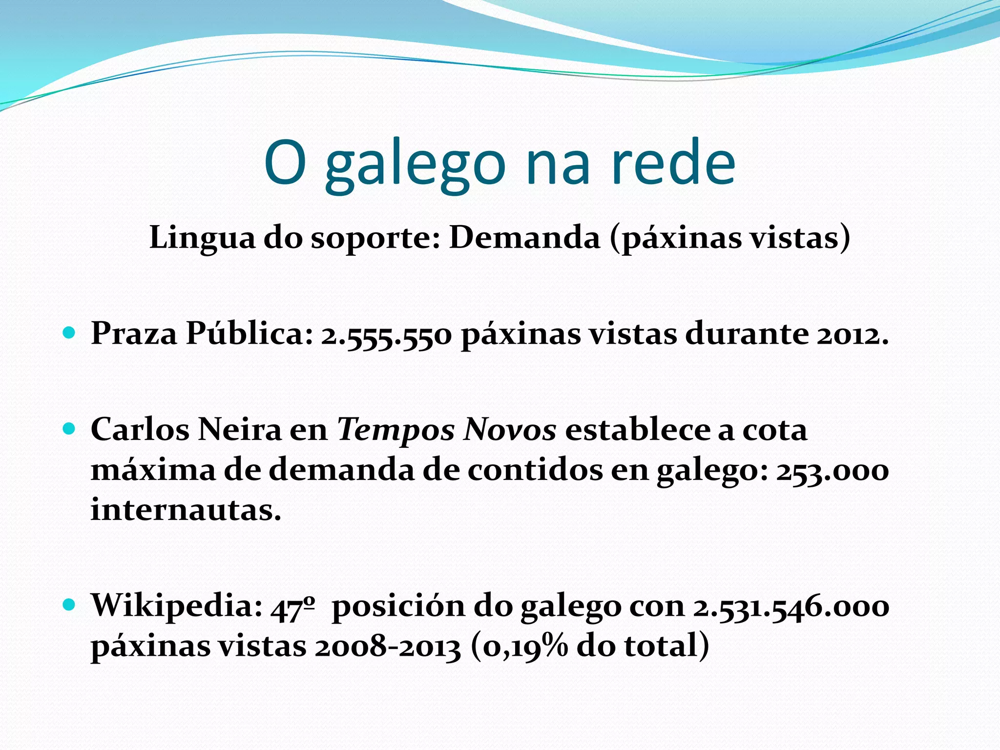 O galego na rede
     Lingua do soporte: Demanda (páxinas vistas)

 Praza Pública: 2.555.550 páxinas vistas durante 2012.

 Carlos Neira en Tempos Novos establece a cota
 máxima de demanda de contidos en galego: 253.000
 internautas.

 Wikipedia: 47 46º posición do galego con 2531154.6000
 páxinas vistas 2008-2013 (0,19 0,030% do total)
 http://stats.wikimedia.org/EN/TablesPageViewsMonthlyCombined.htm
 