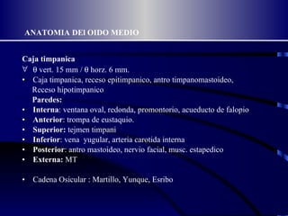 ANATOMIA DEl OIDO MEDIO Caja timpanica    vert. 15 mm /    horz.  6 mm. Caja timpanica, receso epitimpanico, antro timpanomastoideo, Receso hipotimpanico Paredes: Interna : ventana oval, redonda, promontorio, acueducto de falopio Anterior : trompa de eustaquio. Superior:  tejmen timpani Inferior : vena  yugular, arteria carotida interna Posterior : antro mastoideo, nervio facial, musc. estapedico Externa:  MT Cadena Osicular : Martillo, Yunque, Esribo 
