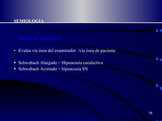 SEMIOLOGIA Prueba de  Schwabach   Evalúa vía ósea del examinador  /vía ósea de paciente Schwabach Alargado = Hipoacusia conductiva Schwabach Acortado = hipoacusia SN 
