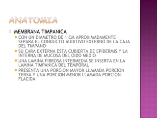    MEMBRANA TIMPANICA
     CON UN DIAMETRO DE 1 CM APROXIMADAMENTE
      SEPARA EL CONDUCTO AUDITIVO EXTERNO DE LA CAJA
      DEL TIMPANO
     SU CARA EXTERNA ESTA CUBIERTA DE EPIDERMIS Y LA
      INTERNA DE MUCOSA DEL OIDO MEDIO
     UNA LAMINA FIBROSA INTERMEDIA SE INSERTA EN LA
      LAMINA TIMPANICA DEL TEMPORAL
     PRESENTA UNA PORCION MAYOR LLAMADA PORCION
      TENSA Y UNA PORCION MENOR LLAMADA PORCION
      FLACIDA
 