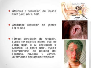 Otoliquia : Secreción de liquido
claro (LCR) por el oído

Otorragia: Secreción de
por el oído

sangre

Vértigo: Sensación de rotación,
puede ser objetivo (siente que las
cosas giran a su alrededor) o
subjetivo (se siente girar). Puede
acompañarse de pérdida del
equilibrio,
náuseas
y
vómito.
Enfermedad del sistema vestibular

 