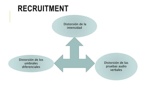 RECRUITMENT
Distorsión de la
intensidad
Distorsión de los
umbrales
diferenciales
Distorsión de las
pruebas audio
verbales
 