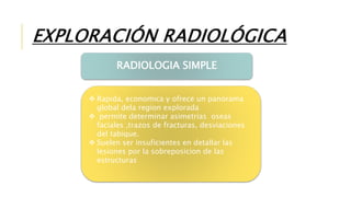 RADIOLOGIA SIMPLE
 Rapida, economica y ofrece un panorama
global dela region explorada
 permite determinar asimetrias oseas
faciales ,trazos de fracturas, desviaciones
del tabique.
 Suelen ser insuficientes en detallar las
lesiones por la sobreposicion de las
estructuras
EXPLORACIÓN RADIOLÓGICA
 