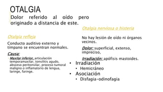 OTALGIA
Otalgia refleja
Conducto auditivo externo y
tímpano se encuentran normales.
Causa:
 Maxilar inferior, articulación
temporamaxilar, tonsilitis agudo,
absceso peritonsilar, proceso tumoral
maligno o inflamatorio de lengua,
laringe, faringe.
Otalgia nerviosa o histeria
No hay lesión de oído ni órganos
vecinos.
Dolor: superficial, extenso,
impreciso,
Irradiación: apófisis mastoides.
Dolor referido al oído pero
originado a distancia de este.
• Irradiación
• Hemicráneo
• Asociación
• Disfagia-odinofagia
 