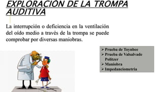 La interrupción o deficiencia en la ventilación
del oído medio a través de la trompa se puede
comprobar por diversas maniobras.
Prueba de Toynbee
Prueba de Valsalvade
Politzer
Maniobra
Impedanciometria
EXPLORACIÓN DE LA TROMPA
AUDITIVA
 