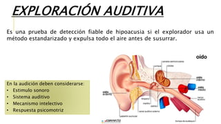 Es una prueba de detección fiable de hipoacusia si el explorador usa un
método estandarizado y expulsa todo el aire antes de susurrar.
En la audición deben considerarse:
• Estimulo sonoro
• Sistema auditivo
• Mecanismo intelectivo
• Respuesta psicomotriz
EXPLORACIÓN AUDITIVA
 