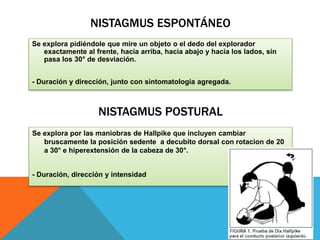 NISTAGMUS ESPONTÁNEO 
Se explora pidiéndole que mire un objeto o el dedo del explorador 
exactamente al frente, hacia arriba, hacia abajo y hacia los lados, sin 
pasa los 30° de desviación. 
- Duración y dirección, junto con sintomatología agregada. 
NISTAGMUS POSTURAL 
Se explora por las maniobras de Hallpike que incluyen cambiar 
bruscamente la posición sedente a decubito dorsal con rotacion de 20 
a 30° e hiperextensión de la cabeza de 30°. 
- Duración, dirección y intensidad 
 