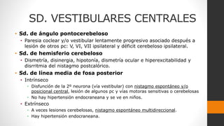 SD. VESTIBULARES CENTRALES
• Sd. de ángulo pontocerebeloso
• Paresia coclear y/o vestibular lentamente progresivo asociado después a
lesión de otros pc: V, VI, VII ipsilateral y déficit cerebeloso ipsilateral.
• Sd. de hemisferio cerebeloso
• Dismetría, disinergia, hipotonía, dismetría ocular e hiperexcitabilidad y
disrritmia del nistagmo postcalórico.
• Sd. de línea media de fosa posterior
• Intrínseco
• Disfunción de la 2º neurona (vía vestibular) con nistagmo espontáneo y/o
posicional central, lesión de algunos pc y vías motoras sensitivas o cerebelosas
• No hay hipertensión endocraneana y se ve en niños.
• Extrínseco
• A veces lesiones cerebelosas, nistagmo espontáneo multidireccional.
• Hay hipertensión endocraneana.
 