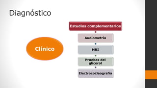 Estudios complementarios
Audiometría
MRI
Pruebas del
glicerol
Electrococleografía
Clínico
Diagnóstico
 