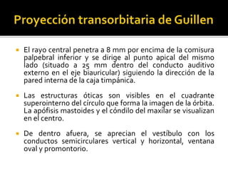  El rayo central penetra a 8 mm por encima de la comisura
palpebral inferior y se dirige al punto apical del mismo
lado (situado a 25 mm dentro del conducto auditivo
externo en el eje biauricular) siguiendo la dirección de la
pared interna de la caja timpánica.
 Las estructuras óticas son visibles en el cuadrante
superointerno del círculo que forma la imagen de la órbita.
La apófisis mastoides y el cóndilo del maxilar se visualizan
en el centro.
 De dentro afuera, se aprecian el vestíbulo con los
conductos semicirculares vertical y horizontal, ventana
oval y promontorio.
 