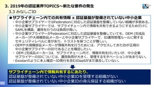 Copyright© 2020 EXGEN NETWORKS Co.,LTD. All Rights Reserved.22
3. 2019年の認証業界TOPICS～新たな要件の発生
■サプライチェーン内での共有情報 x 認証基盤が整備されていない中小企業
・中小企業サプライヤーではFederationに対応した認証基盤を整備していない組織が多数ある。
・中小企業サプライヤーでは、サプライチェーン内で情報を共有できるようにするためだけに
SAMLを構築、運用を行うのは負荷が高い。
・中小企業サプライヤーがFederationに対応した認証基盤を整備していても、OEM (完成品
メーカー)や大規模部品メーカーと中小企業サプライヤーで、ID運用管理ルールに関する
セキュリティレベルに差があり、トラストを保つことが難しい。
・OEMや大規模部品メーカーが情報共有を行うためには、アクセスしてきたIDが正規の
中小企業サプライヤーのIDであることを確認したい。
・ OEM (完成品メーカー)は、サプライチェーン内で、情報共有を行いたいが、中小企業
サプライヤーのIDについては、運用負荷が大きく、管理するモチベーションがあまりない。
・Exostarのように本人確認～ID発行を含むIDaaSがまだ普及していない。
3.3 みなしごID
サプライチェーン内で情報共有するにあたり、
認証基盤が整備されていない中小企業IDを管理する組織がない
認証基盤が整備されていない中小企業IDの身元保証する組織がない
 